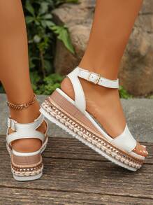 Women's Rivet Decorated Ankle Strap One-Buckle Sandals, Elegant Resort Style Wedge Platform Thick-Soled High Heel White Wedge Pumps