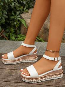 Women's Rivet Decorated Ankle Strap One-Buckle Sandals, Elegant Resort Style Wedge Platform Thick-Soled High Heel White Wedge Pumps