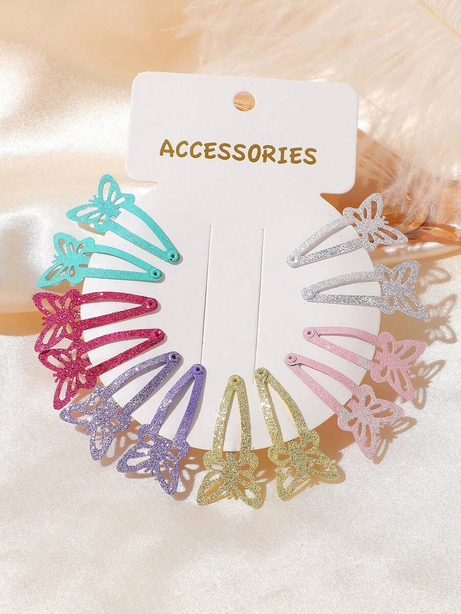 12 件彩色多巴胺闪光蝴蝶女孩 BB 发夹，适合刘海