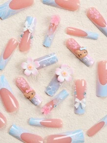 24Pcs Long Coffin Nails Nail Patches Gradient Blue French Pink Flower Pattern Sanrio Cute Hello Kitty Rhinestone Three-Dimensional White Flower Rhinestone White Bow Rhinestone Faux Pearl Rhinestone 3D Colorful Conch Rhinestone Wearable Nail Set Press On Nails Nail Supplies Nails - Multicolor - View 3