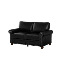 Classic Living Room Sofa Loveseat Sofa Couch With Armrest And Wood Legs, Upholstered PU Leather Sofa With Silver Nails Decoration, Mid Century Modern Sofas Couches For Bedroom Office - 黑色 - 查看 8