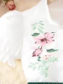 2 pièces/Set Blouse blanche à manches bouffantes avec imprimé floral et jupe plissée à volant avec imprimé floral vert pour préadolescentes. Ensemble confortable pour le printemps/été
