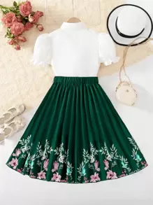 2 pièces/Set Blouse blanche à manches bouffantes avec imprimé floral et jupe plissée à volant avec imprimé floral vert pour préadolescentes. Ensemble confortable pour le printemps/été