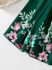 2 pièces/Set Blouse blanche à manches bouffantes avec imprimé floral et jupe plissée à volant avec imprimé floral vert pour préadolescentes. Ensemble confortable pour le printemps/été