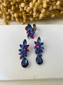 Emerald Green Navy Blue Fuchsia Party Earring And Ring - 紫色和藍色 - 查看 3
