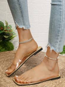 女士方头平底凉鞋，夏季新款休闲沙滩拖鞋 - 金色 - 查看 6