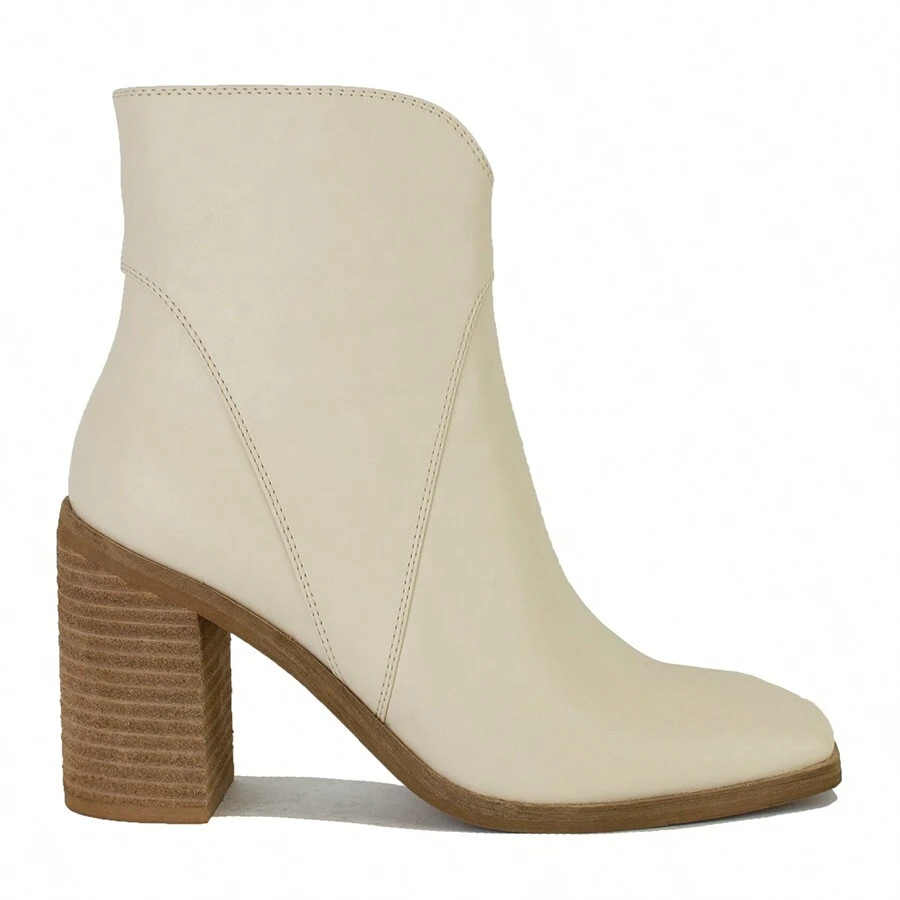Women's Two-Tone PU Ankle Boots Western Cowboy Boots Pointed Toe Stacked Block Heel Boots - 象牙白 - 查看 1