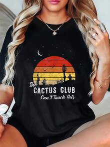 Women'S Vintage-Inspired Cactus Club Graphic T-Shirt, Cotton Blend Crew Neck Tee, Casual Knit Fabric Top With Geometric Applique, For All Seasons - Black - View 1