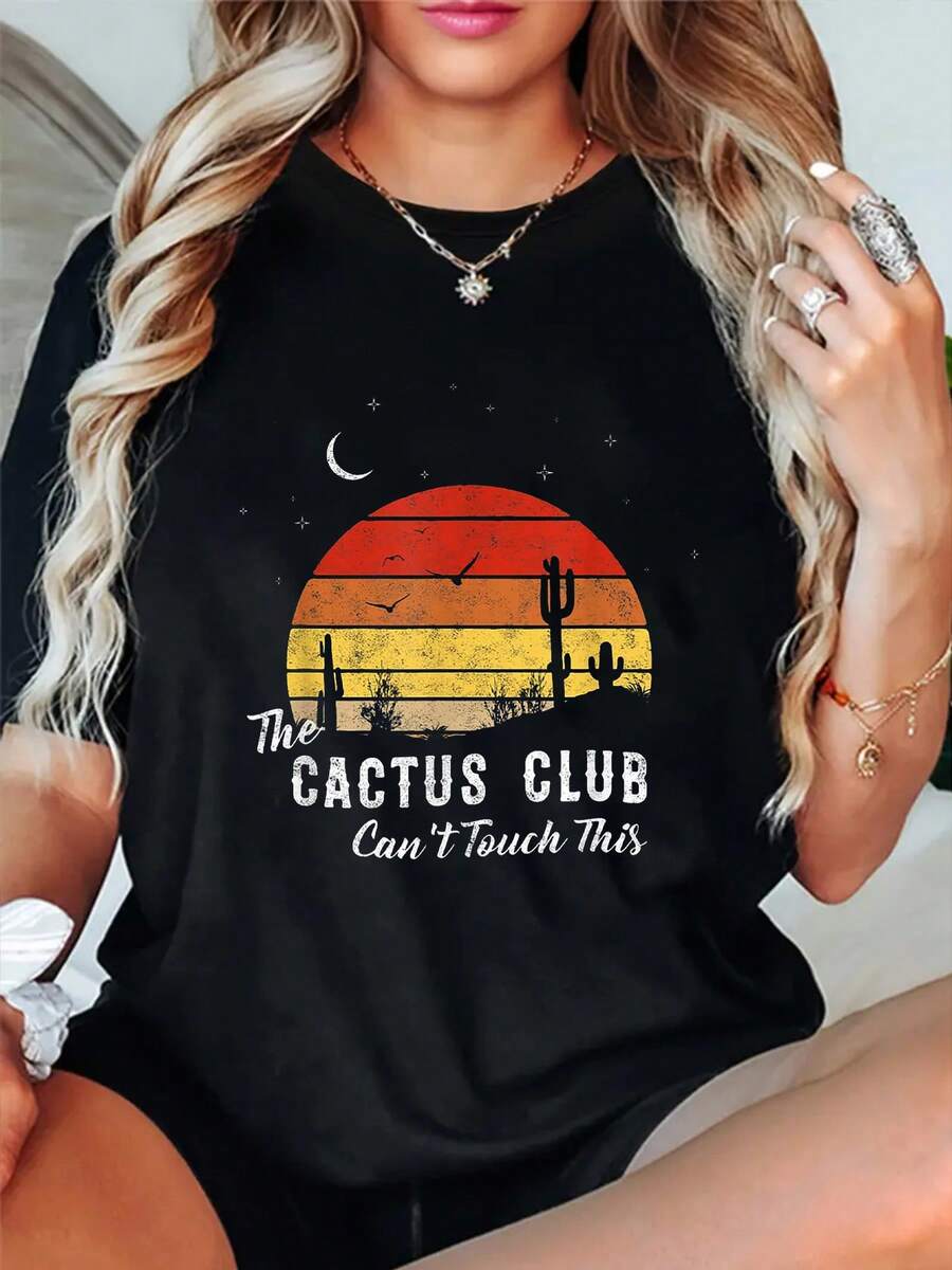 Women'S Vintage-Inspired Cactus Club Graphic T-Shirt, Cotton Blend Crew Neck Tee, Casual Knit Fabric Top With Geometric Applique, For All Seasons - Black - View 1