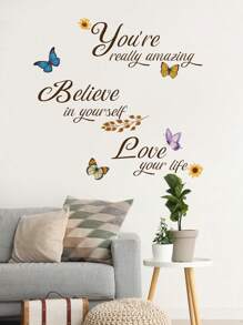 1 件 PVC 材料，水墨画风格蝴蝶与花卉背景墙装饰，彩色蝴蝶创意英文励志墙贴，多元素日月蝴蝶花朵装饰墙贴，适用于客厅、卧室、自粘式、女孩/男孩房间装饰、儿童房、托儿所贴纸 - 彩色 - 查看 9