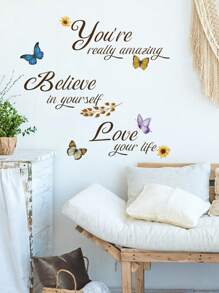 1 件 PVC 材料，水墨画风格蝴蝶与花卉背景墙装饰，彩色蝴蝶创意英文励志墙贴，多元素日月蝴蝶花朵装饰墙贴，适用于客厅、卧室、自粘式、女孩/男孩房间装饰、儿童房、托儿所贴纸 - 彩色 - 查看 2