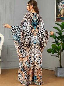 Loose Animal Print Kaftan, Style Casual Vacation Turkish Abaya & Arabic Tradition Kaftan For Women, Modest - Multicolor - View 2
