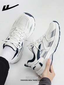 WARRIOR WARRIOR Women's 1 Pair Deep Blue Thick Sole Chunky Sneakers, Lace-Up Soft Bottom Casual Shoes, Low-Top Outdoor Flat Shoes For Summer, Round Toe Low Heel Non-Slip Solid Color Elegant Hiking Suitable For Students Taking Graduation Photos, Women Leather-Look Slip-On Skateboarding Shoes