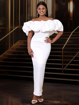 Fashion Pleated Short Sleeve, Off-The-Shoulder And Bodycon Long Graduation White Dresses, For, Wedding Guests, Graduation, Dinner Party