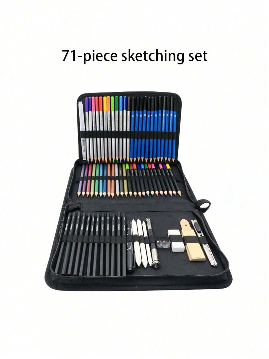 Bview Art 71 Teile Zeichenset Skizzen-Kit, Zeichenutensilien, Kunst-Zeichenset für Künstler, Erwachsene, Jugendliche, Anfänger, ideal zum Schattieren, Verwischen, Schulbedarf, Schulartikel