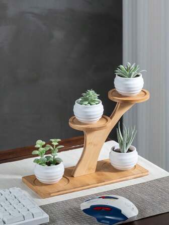1pc Wooden Desktop Multi-Tier Display Shelf, Living Room Office Balcony Plant Holder, Multi-Function Decor Figurine Tray Storage Rack Outdoor Decor