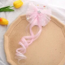 Pink Hair Extensions For Kids Glitter Hair Clips With Braided Curly Wig Extensions For Hair Braiding Ponytails Princess Costume Dress Up Accessories Bowknot Hair Clips For Little Girls (Mesh/Sequins/ Pentagram) - Pink - View 6