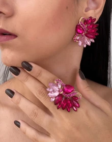 Purple And Green Earring And Ring / Blue Earring / Fuchsia Earring / Purple Earring / Green Earring / Pink Earring - 紫紅色 - 查看 2