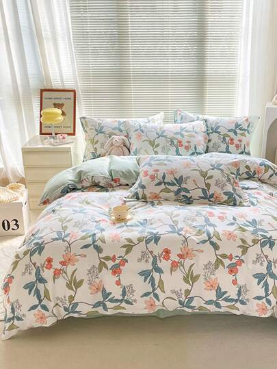 3 件套羽绒被套（1 个被套 + 2 个枕套，不含填充物），柔软舒适，优雅花卉图案套，适合家庭、宿舍、四季现代生活床上用品，适用于单人床、双人床、双人床、大号床