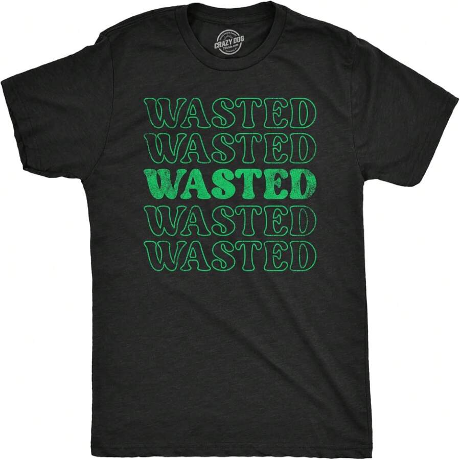 Retro Wasted T Shirt Funny St Pattys Day Parade Partying Drunk Joke Tee For Guys - Black - View 1