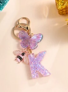 1pc Creative Alphabet Keychain With 26 English Letters & Bee, Kids Backpack Accessories, Gift For Girls - Purple - View 5