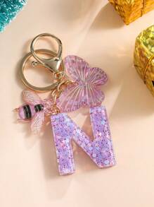 1pc Creative Alphabet Keychain With 26 English Letters & Bee, Kids Backpack Accessories, Gift For Girls - Purple - View 10