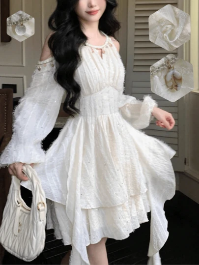 女式时尚不对称荷叶边长袖露肩亮片贝壳装饰连衣裙