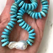 manbara 奢华波西米亚风复古手工杰奎琳手工丝绳打结绿松石切片火球珍珠项链女士珠宝露娜手工打结青金石天然宝石不对称红珊瑚碎片天然淡水珍珠配饰项链 - 松石 - 查看 8