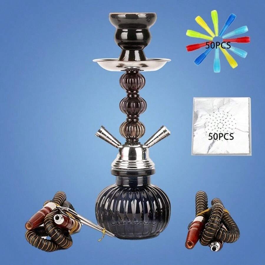 Hookah Set With Everything - Pink Hookah Set 2 Hose Hookah –12" Mini Hookah 2 Hose Hookah Set With 50x Foil 50x Tips 2x Hookah Hose Tongs - Hookah Kit