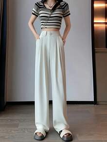 Quần nữ màu trơn, cài hai nút phía trước, dáng ôm, xếp ly, kiểu dáng thường ngày, màu trắng thanh lịch, thích hợp cho mùa xuân. - trắng - Xem 4
