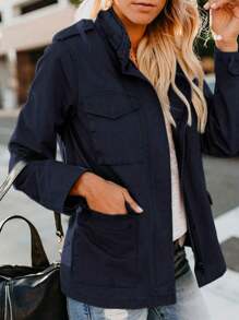 Womens Military Anorak Jacket Zip Up Snap Button Parka Utility Coat Outwear With Pockets - Màu xanh hải quân - Xem 2