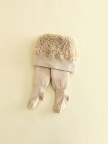 1pc Toddler Girls' Thermal Tights, White/black, For Baby Bottoming In Winter - Beige - View 5