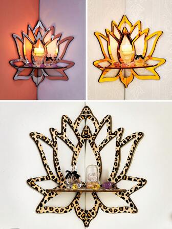 1 st. Goud/Zilver/Luipaardprint 11,6*10,2 Inch Lotus Vormige Muurdecoratie Hoekplank, Muur Gemonteerde Woondecoratie (Spijkers Niet Inbegrepen), Creatieve Spiegel Acryl Decoratieve Houten Planken, Luipaardprint Gezellige Woondecoratie Hoekplank Voor Kaars/Kristalsteen Display