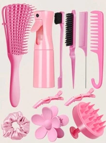 11pcs Hair Brush Set, Hair Brushes For Women Wet Dry All Hair Detangling Parting Styling, 200ml Continuous Spray Bottle, Premium Wide Tooth Comb, Scalp Massager Shampoo Brush, Brush Set With Detangler Brush, Edge Brush, Teasing Brush, Rat Tail Comb, Flower Hair Clip, 2 Alligator Hair Clips And Hair Tie