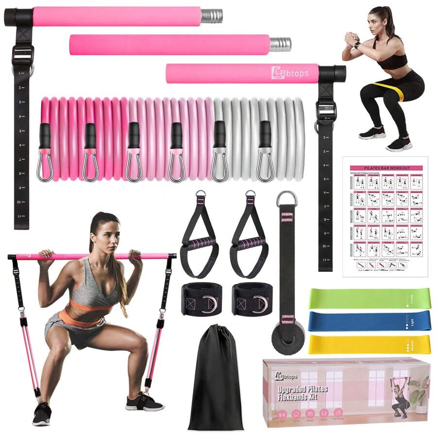 Pilates Bar Kit With 6x Resistance Bands (20lbs/30lbs/50lbs) And 3x Exercise Bands, Upgraded Multifunctional Screw Yoga Pilates Bar Home Gym For Women Full Body Workout Equipment - Hồng - Xem 1
