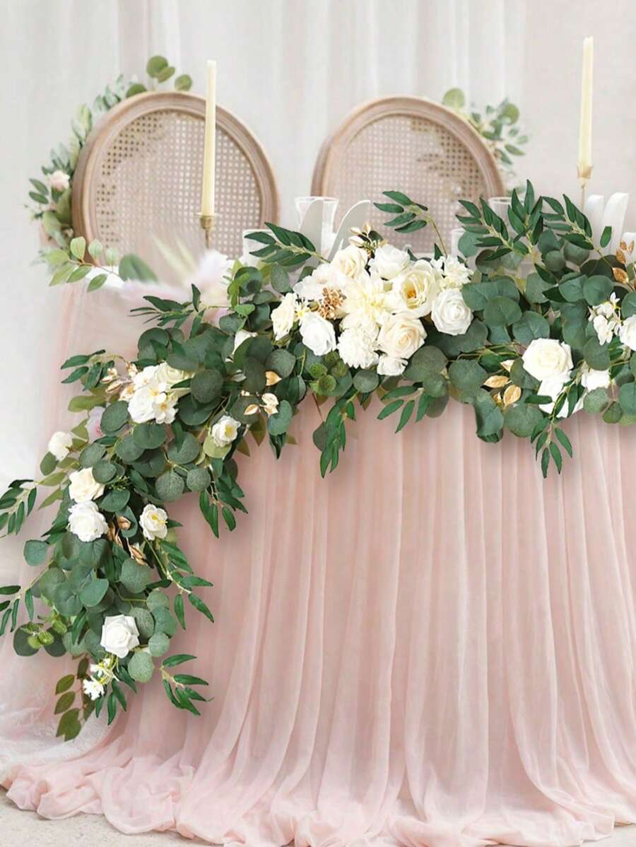 5.9ft Artificial Flowers Eucalyptus Garland With Flowers Fall Flowers,Wedding Arch Flowers,Wedding Table Garland,Flocked Garland, Wedding Decorations,Garland Christmas Decorations - 白色 - 查看 1