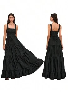 Women's Long Flowy Hem Dress Sleeveless Flower/Strawberry Embroidery Beach Dresses - Black - View 3