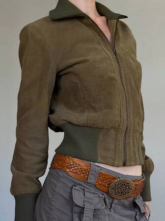 Vintage Women Corduroy Coats Turdown Collar Patchwork Slim Fit Harajuku Jackets Autumn Winter Y2K Retro Casual Zipper Jackets