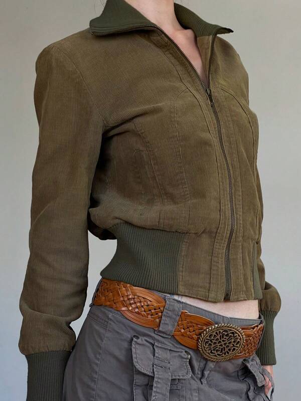 Vintage Women Corduroy Coats Turdown Collar Patchwork Slim Fit Harajuku Jackets Autumn Winter Y2K Retro Casual Zipper Jackets