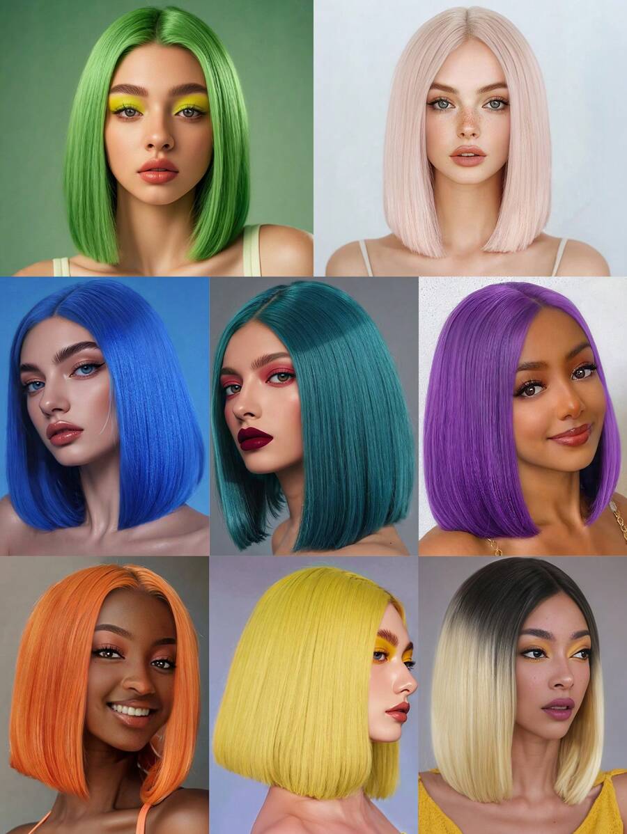 NOBLE Short Bob Wig Yellow Lace Front Synthetic Wigs For Women Straight 150 Density 13x4*1 T-Part Lace Synthetic Lace Front Wig Colored Wigs Cosplay Daily Used Christmas