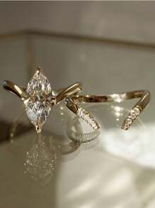 2pcs/Set Luxury S925 Silver Zirconia V-Shaped & Olive-Shaped Stackable Rings, Women Fashion Party, Wedding, Holiday, Daily Wear Gift