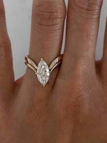 2pcs/Set Luxury S925 Silver Zirconia V-Shaped & Olive-Shaped Stackable Rings, Women Fashion Party, Wedding, Holiday, Daily Wear Gift