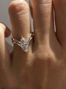 2pcs/Set Luxury S925 Silver Zirconia V-Shaped & Olive-Shaped Stackable Rings, Women Fashion Party, Wedding, Holiday, Daily Wear Gift