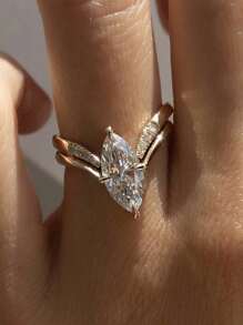 2pcs/Set Luxury S925 Silver Zirconia V-Shaped & Olive-Shaped Stackable Rings, Women Fashion Party, Wedding, Holiday, Daily Wear Gift