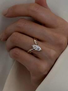 2pcs/Set Luxury S925 Silver Zirconia V-Shaped & Olive-Shaped Stackable Rings, Women Fashion Party, Wedding, Holiday, Daily Wear Gift