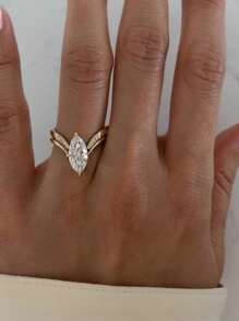 2pcs/Set Luxury S925 Silver Zirconia V-Shaped & Olive-Shaped Stackable Rings, Women Fashion Party, Wedding, Holiday, Daily Wear Gift