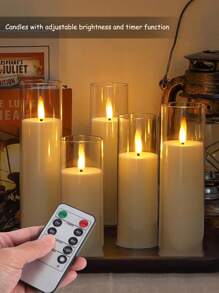 2/3/5支装遥控无焰蜡烛，电池供电LED蜡烛，带定时器，营造浪漫氛围，无烟无味电子LED蜡烛，适用于家居、卧室、婚礼、求婚、圣诞节、万圣节、情人节、公司聚会、派对等场合。 - 透明 - 查看 3