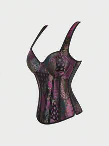 Women's Floral Jacquard Lace Up Corset Tops For Women Gothic Jacquard Shoulder Straps Corset Overbust Corset Bustiers - 紫色 - 查看 2