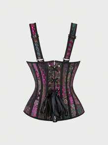 Women's Floral Jacquard Lace Up Corset Tops For Women Gothic Jacquard Shoulder Straps Corset Overbust Corset Bustiers - 紫色 - 查看 3