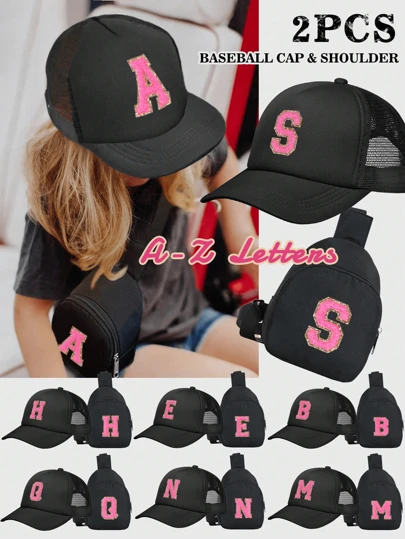 قبعة سائق الشاحنة بأحرف 26، وحقيبة عبر الجسم للأطفال كتفية حقيبة، قبعة عصرية كاجوال مناسبة للأولاد والبنات للذهاب للمدرسة والاستخدام اليومي